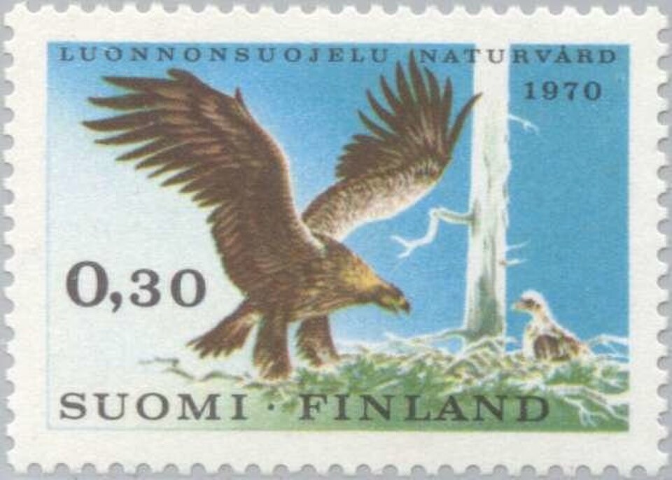 Stamp of Finland - 1970. Stamp design: Pentti Rahikainen Colnect 46570 - Golden Eagle Aquila chrysaetos with Young on its Nest.jpeg is available through Public Domain